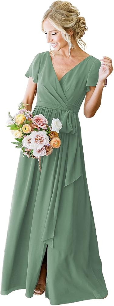 YMSHA Women's Short Sleeve Bridesmaid Dresses with Slit 2023 V Neck Pleated Party Dress YMS159 | Amazon (US)