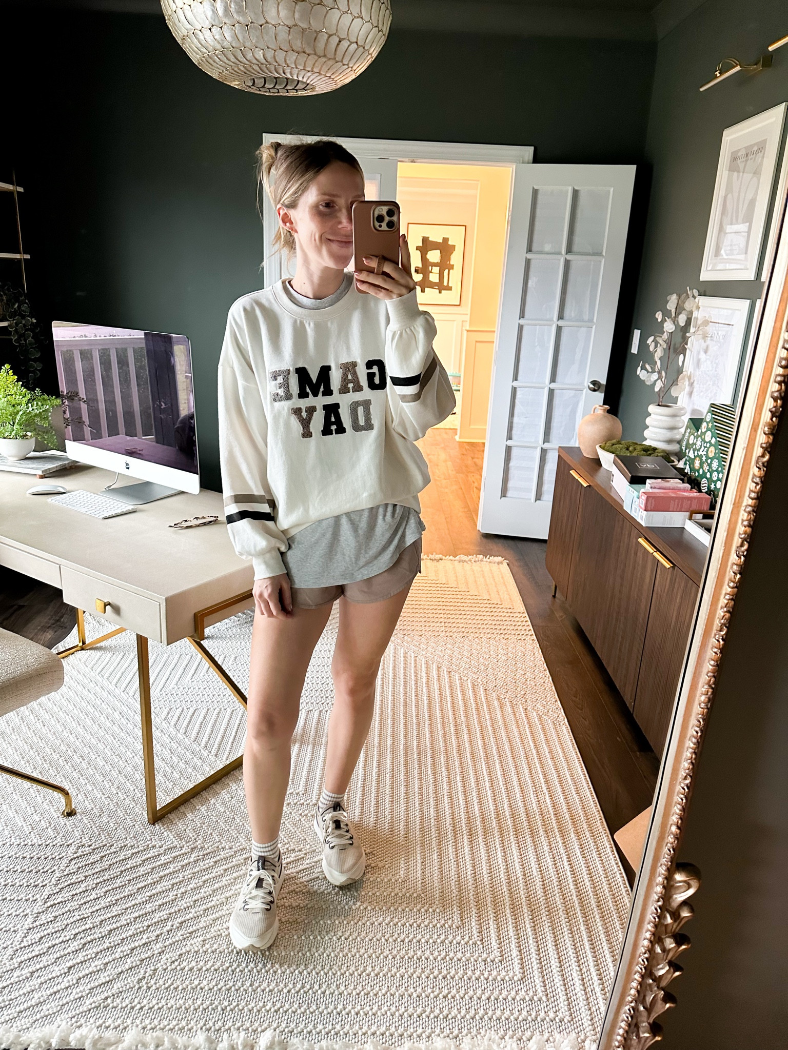 Comfy weekend outfit. Wearing S in sweatshirt and shorts, M in tee