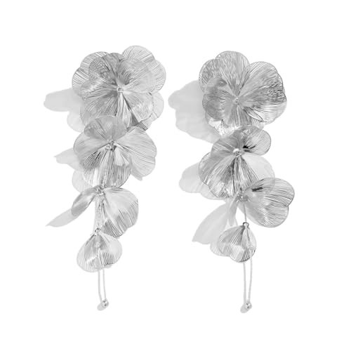 Bohemian Flower Drop Dangle Earrings Flower Earrings for Women Exaggerated Big Flowers Earrings Fabric Floral Dangle Earrings for Women (ASilver) | Amazon (US)