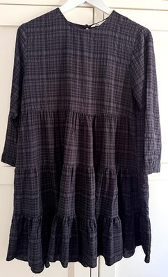Zara Tiered Long Sleeve Dress French Navy Check Visc Cotton Exc Cond 12 | eBay AU