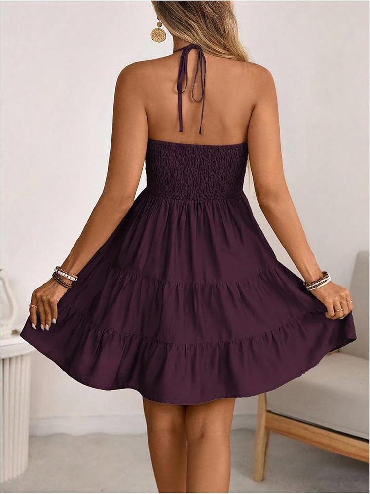 SOLY HUX Women's Summer Mini Dress Halter Backless Sleeveless A Line Ruffle Hem Flowy Cami Dresse... | Amazon (US)