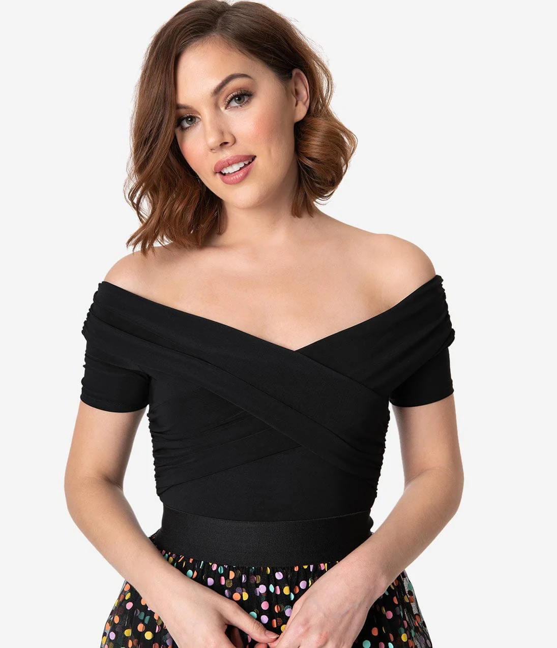 Black Off Shoulder Short Sleeve Bodysuit | UniqueVintage