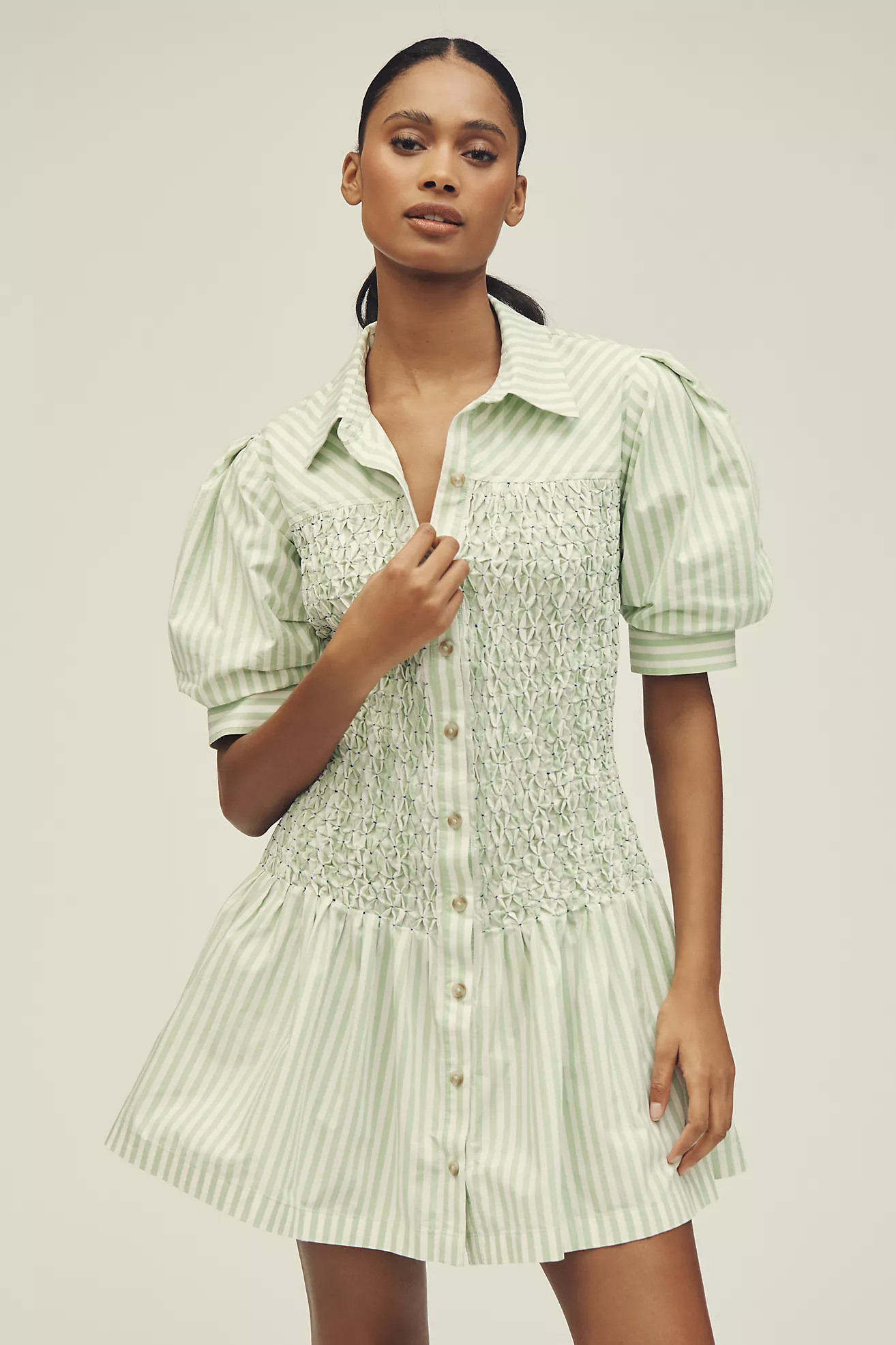 By Anthropologie Short-Sleeve Smocked A-Line Mini Shirt Dress | Anthropologie (US)
