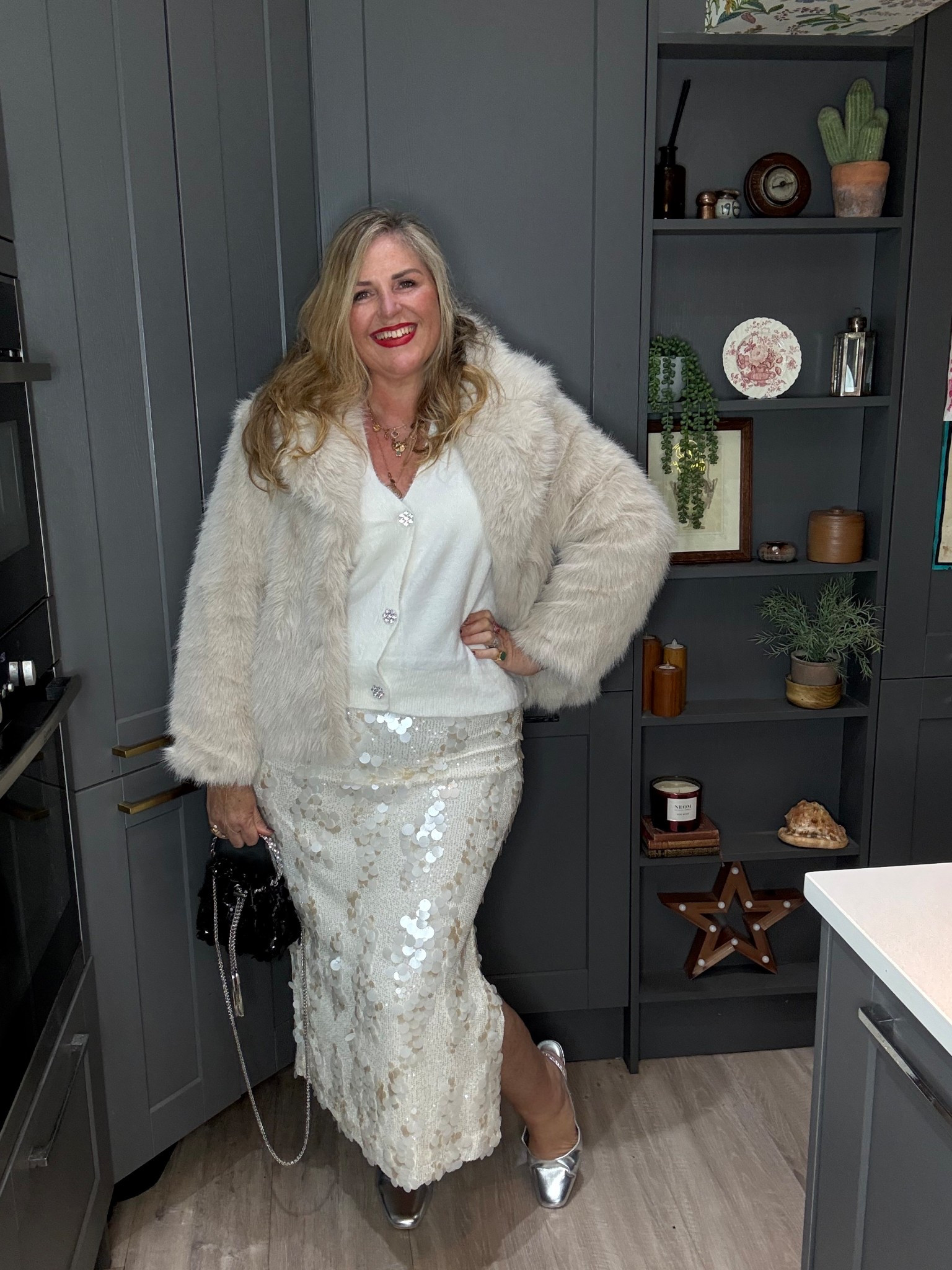 Faux fur coat, sequin skirt, white cardigan, silver flats, black sequin bag 

#LTKplussize #LTKcurves #LTKfestive