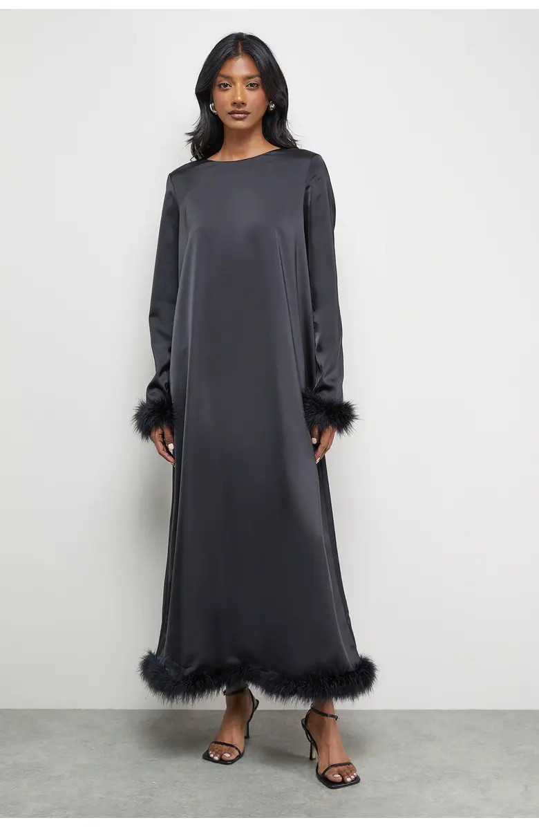 Warehouse Feather High Neck Swing Midi Dress | Nordstrom | Nordstrom