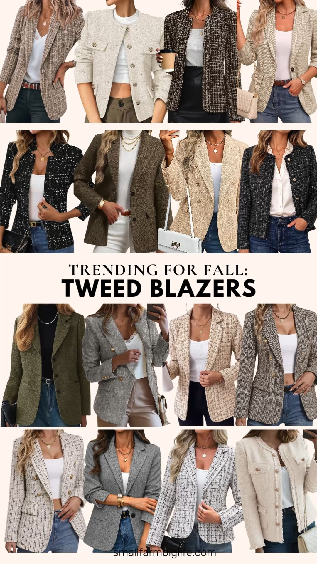 Tweed blazers are trending everywhere this fall and this is such a great business casual workwear essential to have on repeat.

The brown ELLEVEN Wool Blend Herringbone Blazer has such a classic look, and I love it in beige and khaki too if you want a lighter neutral. For a slimmer silhouette, the beige and grey ELLEVEN Herringbone Tweed Blazers are both great two button options with flap pockets.

If you prefer an open front style, the dark brown and black ELLEVEN Open Front Tweed Blazers are easy to layer over almost anything, and the cream Vintage Open Front Cropped Tweed Blazer and the cream MinaSelf Crewneck Open Front Blazer both have such a polished, feminine feel. The black GRAPENT Collarless Tweed Blazer with shoulder pads and the beige GRAPENT Plaid Tweed Blazer are both great structured options for the office.

For something with a bit more pattern, the beige plaid and herringbone brown Mina Self Double Breasted Tweed Blazers both have such a rich, seasonal texture, and the dark khaki Cicy Bell Plaid Tweed Blazer and the dark olive green Mina Self Oversized Herringbone Blazer round things out with a fall winter feel that works for teacher outfits or the office. The grey EVALESS Tweed Blazer is another versatile pick for any of these looks.

So many great tweed blazer options to shop for autumn outfits this season, all linked for you.

#tweed #fallfashion #falloutfits #businesscasual #autumnoutfits 

 #LTKootd #LTKOver40 #LTKWorkwear