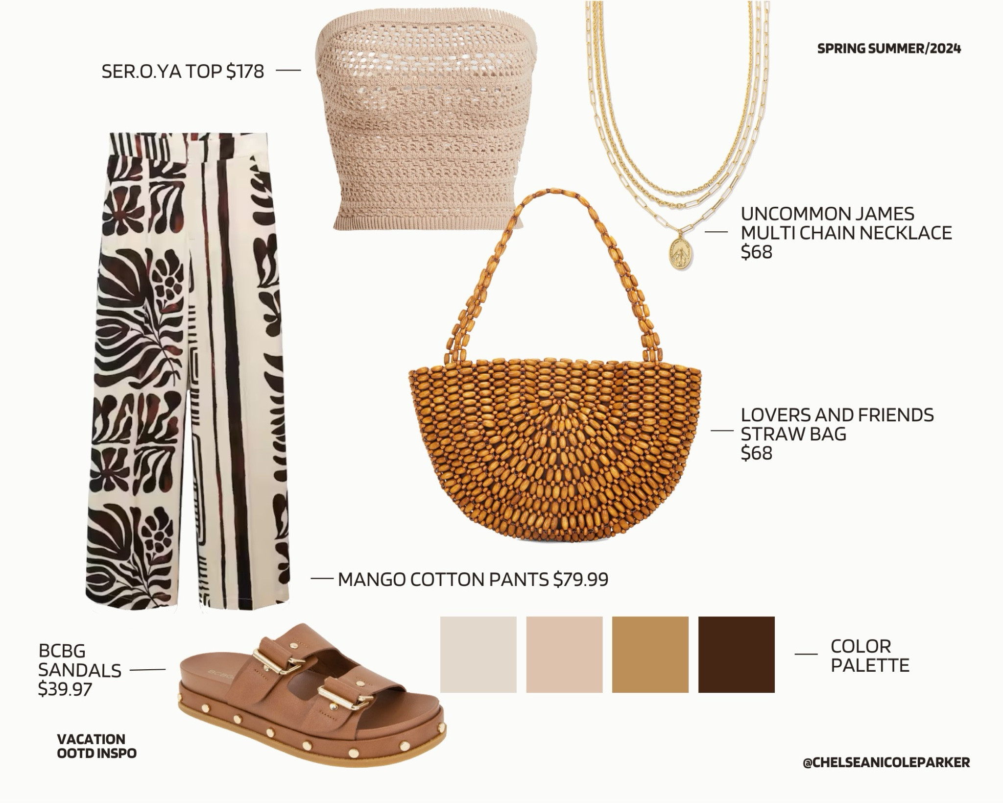 SEROYA Crochet Tan Cropped Tube Top + Mango Tribal Print Patterned Cotton Pants + BCBGeneration Platform Brown Sandals ON SALE + Uncommon James Gold Multiple Chains Pendant Necklace + Lovers and Friends Straw Bag - Vacation / Beach / Poolside / Summer Outfit

#LTKFindsUnder100 #LTKFindsUnder50 #LTKSaleAlert