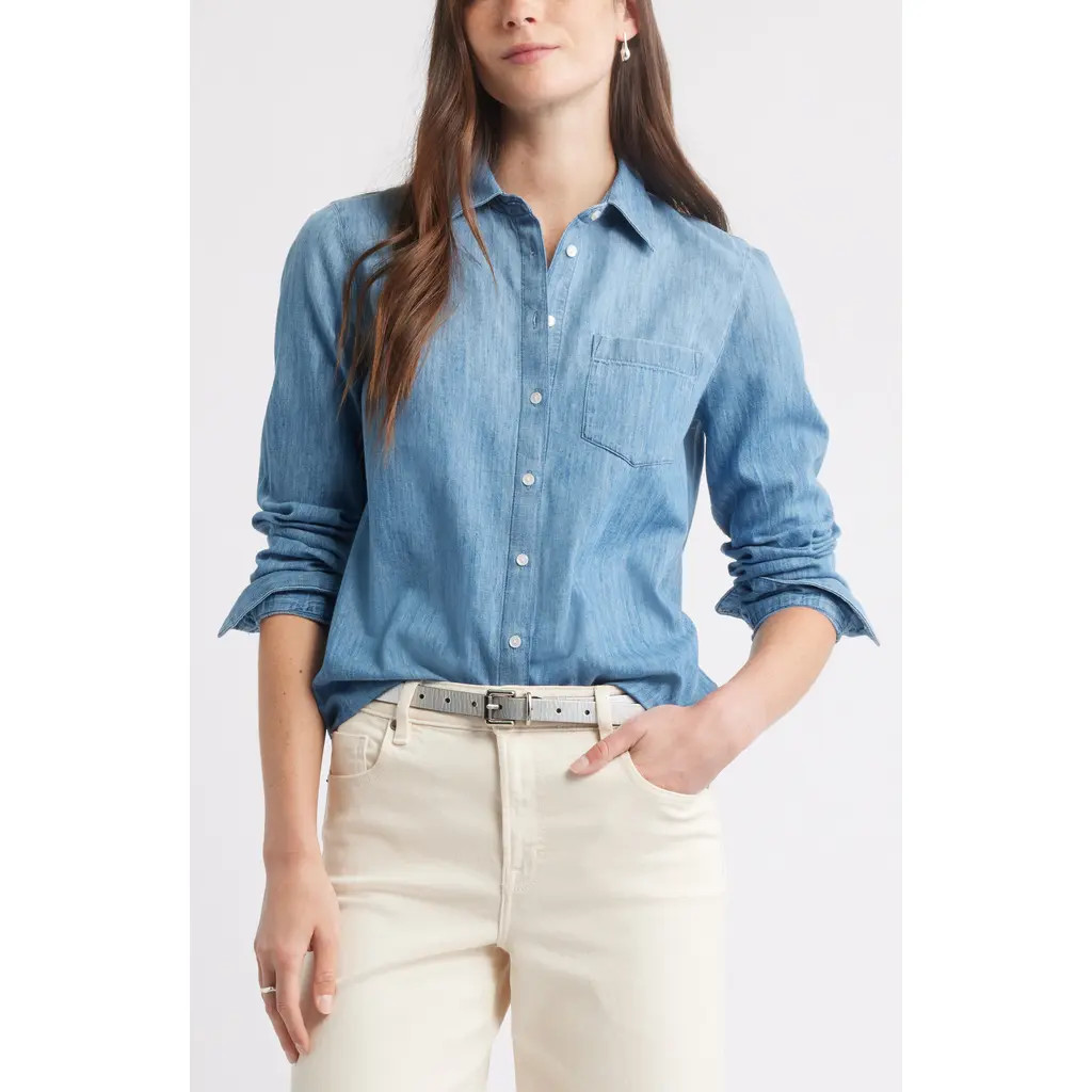 Caslon® Chambray Button-Up Shirt in Medium Wash at Nordstrom Rack, Size X-Large | Nordstrom Rack