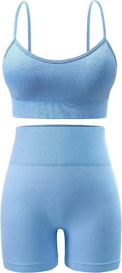 Seamless Workout Sets for Women 2 Piece Outfits High Waist Yoga Shorts Adjustable Padded Sports B... | Amazon (US)