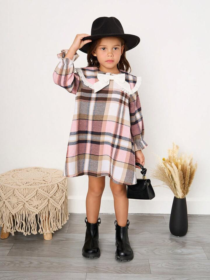 SHEIN Young Girl Cute Peter Pan Collar Plaid Color Block Big Bow Long Sleeve Dress With Ruffled H... | SHEIN