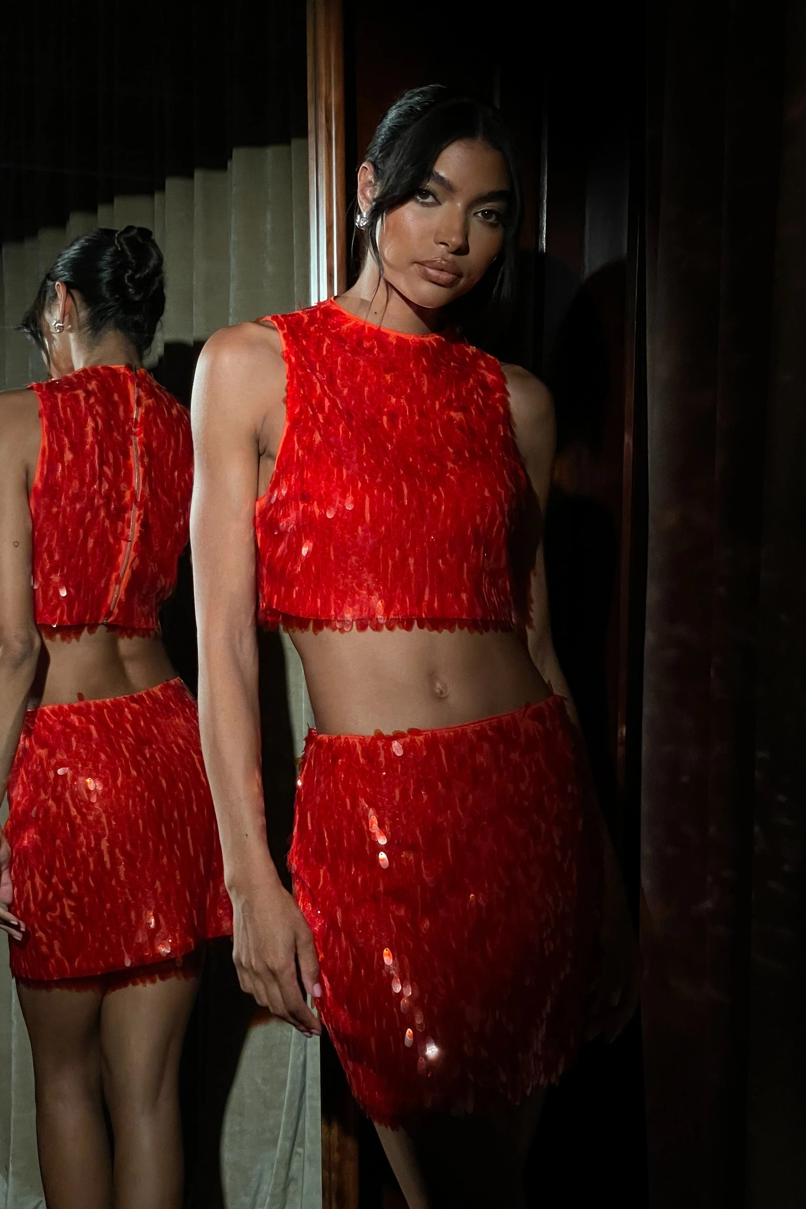 Savannah Sequin Crop Top - Firey Orange | MESHKI US