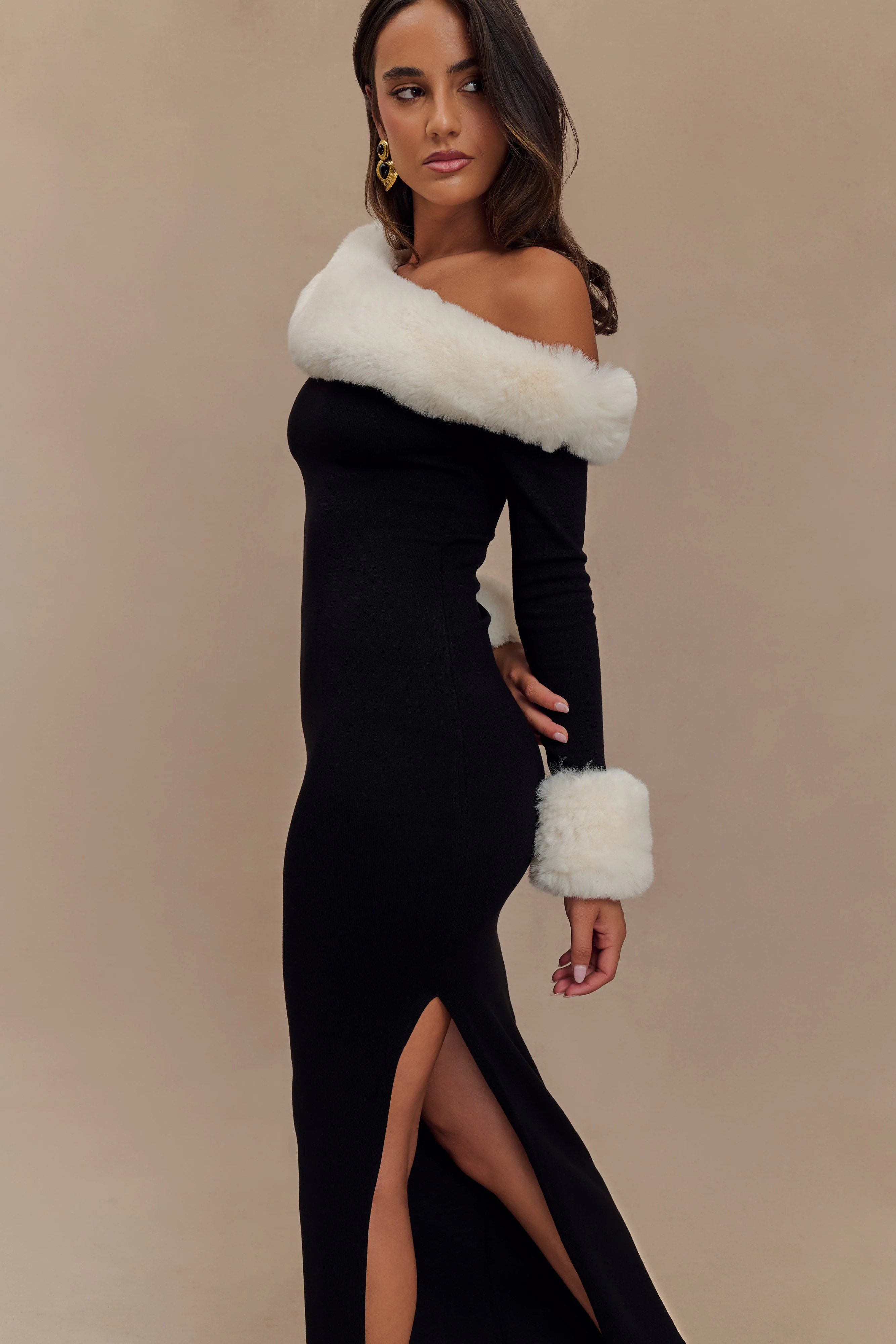 Karleigh Faux Fur Knit Maxi Dress - Black/White | MESHKI US