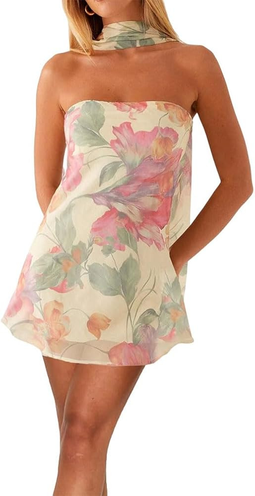 Naileksi Women Strapless Floral Print Mini Dress with Scarf Casual Tube Mesh Short Dress Summer W... | Amazon (US)
