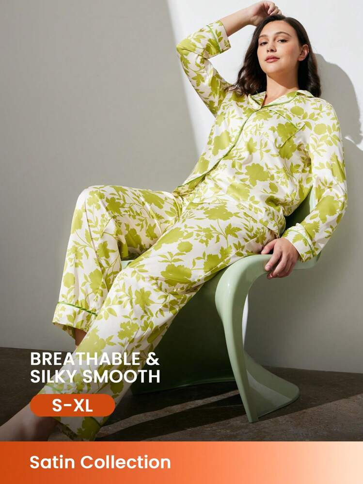 LUVLETTE Floral Satin Long Women Pajama Set Lounge Sets | SHEIN