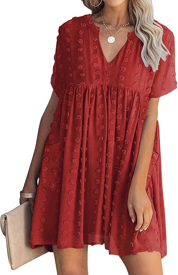 MIHOLL Women's V Neck Short Sleeve Ruffle Loose Summer Flowy Mini Dress | Amazon (US)