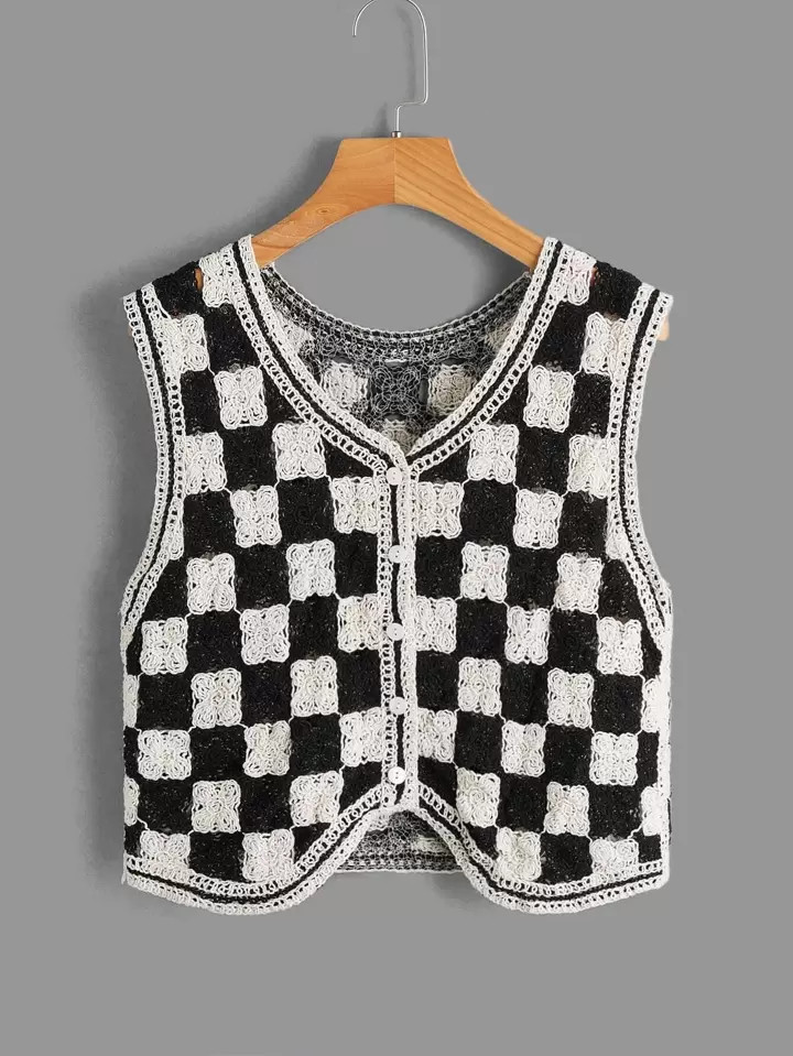 SHEIN EZwear Checkered Pattern Asymmetrical Hem Button Up Sweater Vest | SHEIN USA | SHEIN