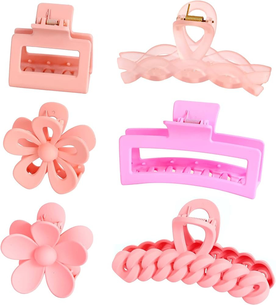 Hair Claw Clips,6PCS Pink Hair Clips,Big Hair Claw Clips Nonslip Large Claw Clip for Women Thin H... | Amazon (US)