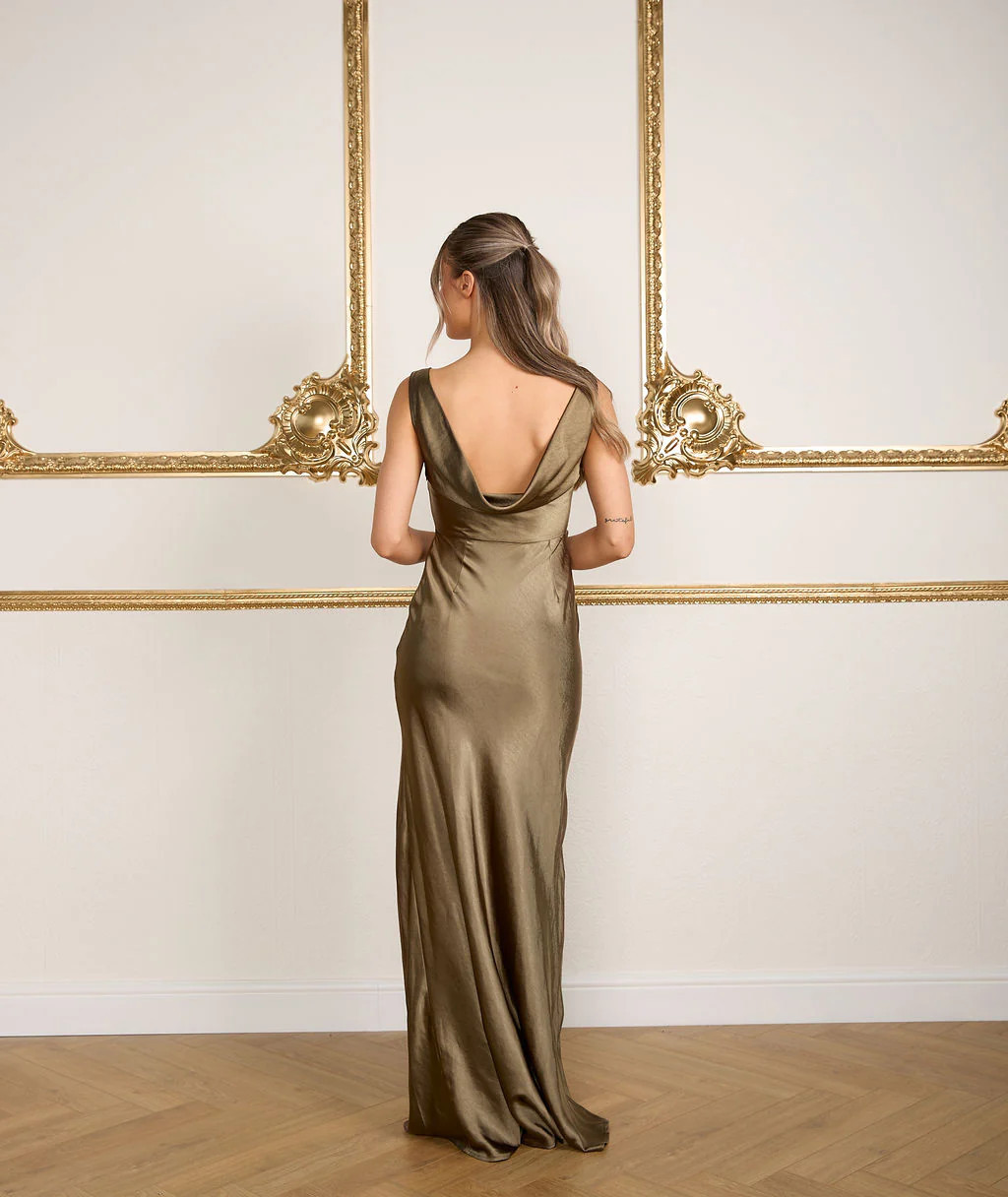 Cowl Back Satin Bridesmaid Dress - Olive | Six Stories - 12 | Six Stories