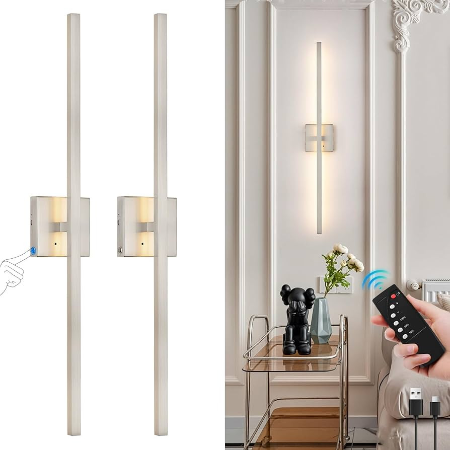 Battery Operated Wall Sconces Set of Two, 24 Inch Dimmable Stepless Sand Nickel Picture Lights fo... | Amazon (US)