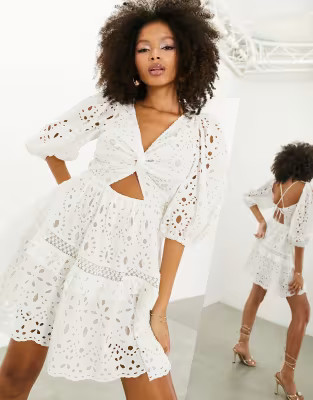ASOS EDITION broderie twist front mini dress with puff sleeve in white | ASOS (Global)