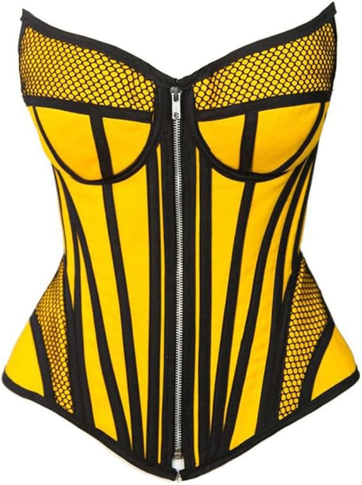 Women’s Yellow Satin black mesh Zipper Steampunk Overbust Bustier Corset | Amazon (US)