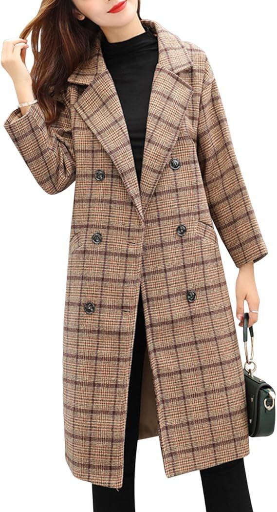 Tanming Women's Double Breasted Long Plaid Wool Blend Pea Coat Outerwear | Amazon (US)