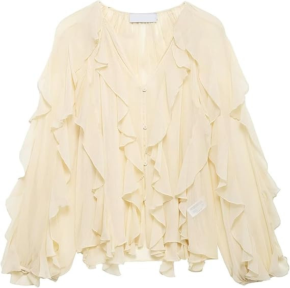 Shiyifa Womens Sheer Ruffle Blouse V Neck See Through Chiffon Ruffled Tops Summer Going Out Tops | Amazon (US)