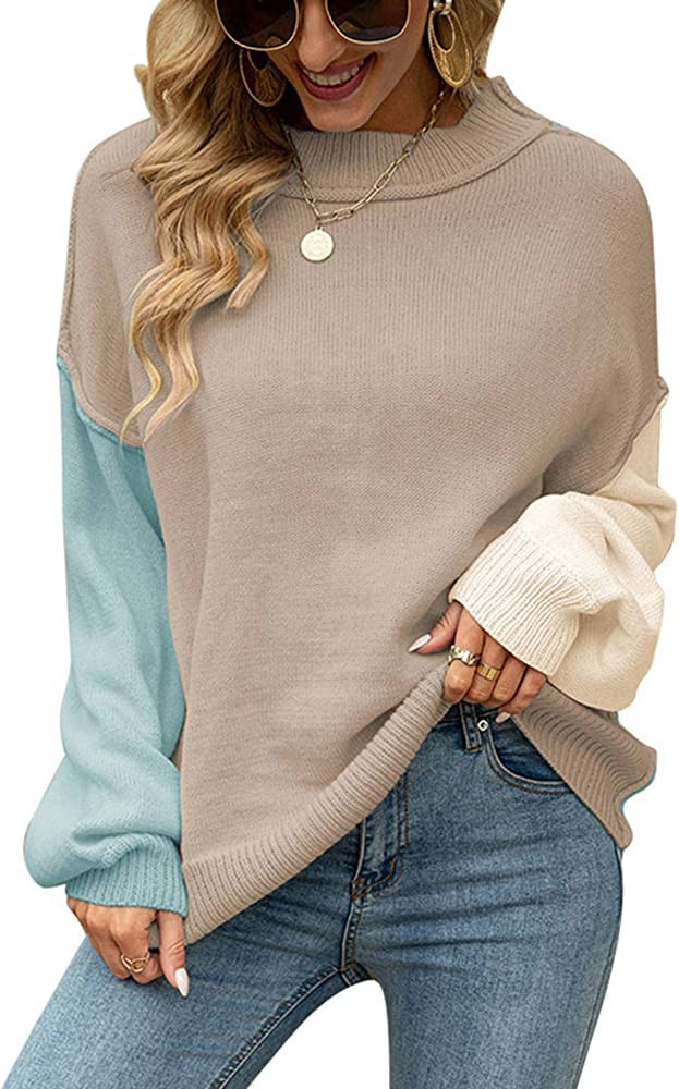 Women Color Block Sweater Round Neck Long Sleeve Loose Pullover Top for Autumn Winter | Amazon (US)