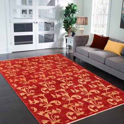 Paulis Floral Handmade Hand-Knotted Rectangle 6' x 8'1" Wool Area Rug in Red/Gold | Wayfair North America