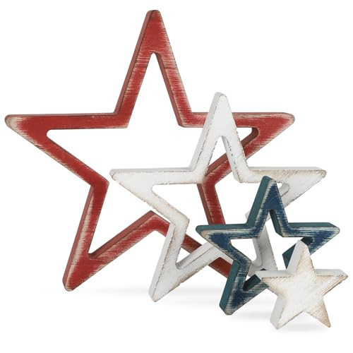 4th of July Table Decorations, Red White Blue Stars Decorations Set of 4, Retro Patriotic Memorial Day Star Tiered Tray Decor, Labor Day Independence Day Fourth of July Decor for Home Office Shelf | Amazon (US)