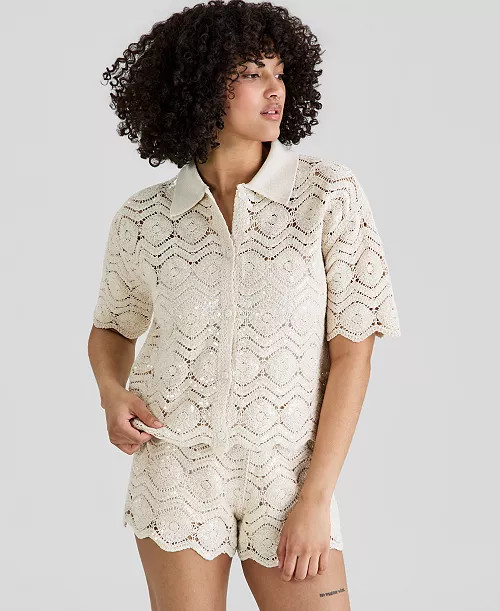 And Now This Women's Sequin Embellished Crochet Shirt, Macy's Exclusive - Macy's | Macy's