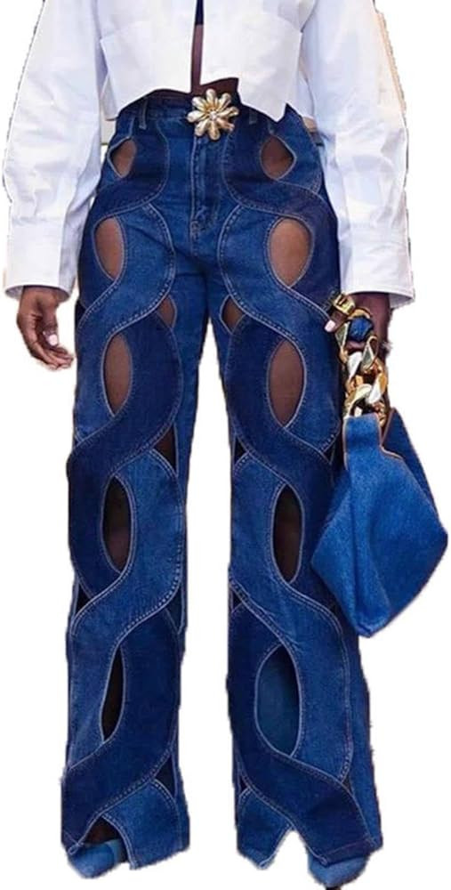 Womens Casual Straight Leg High Rise Cutout Metal Buttoned Jeans Denim Pants Streetwear | Amazon (US)