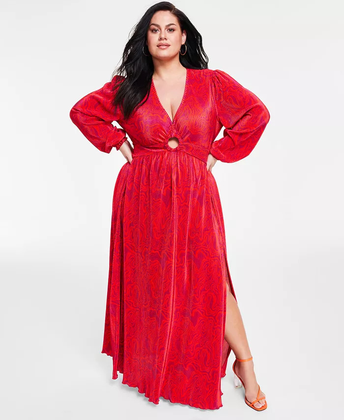Trendy Plus Size Keyhole Printed Pleated Jersey Maxi Dress | Macys (US)