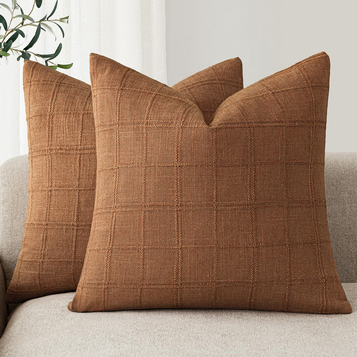 Foindtower Set of 2 Decorative Linen Check Throw Pillow Covers Neutral Farmhouse Vintage Cushion ... | Amazon (US)