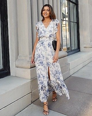 Printed V-Neck Ruffle Maxi Dress - Mothers Day Outfits | Express