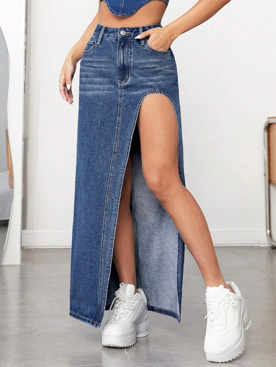 High Waist Split Thigh Denim Skirt | SHEIN