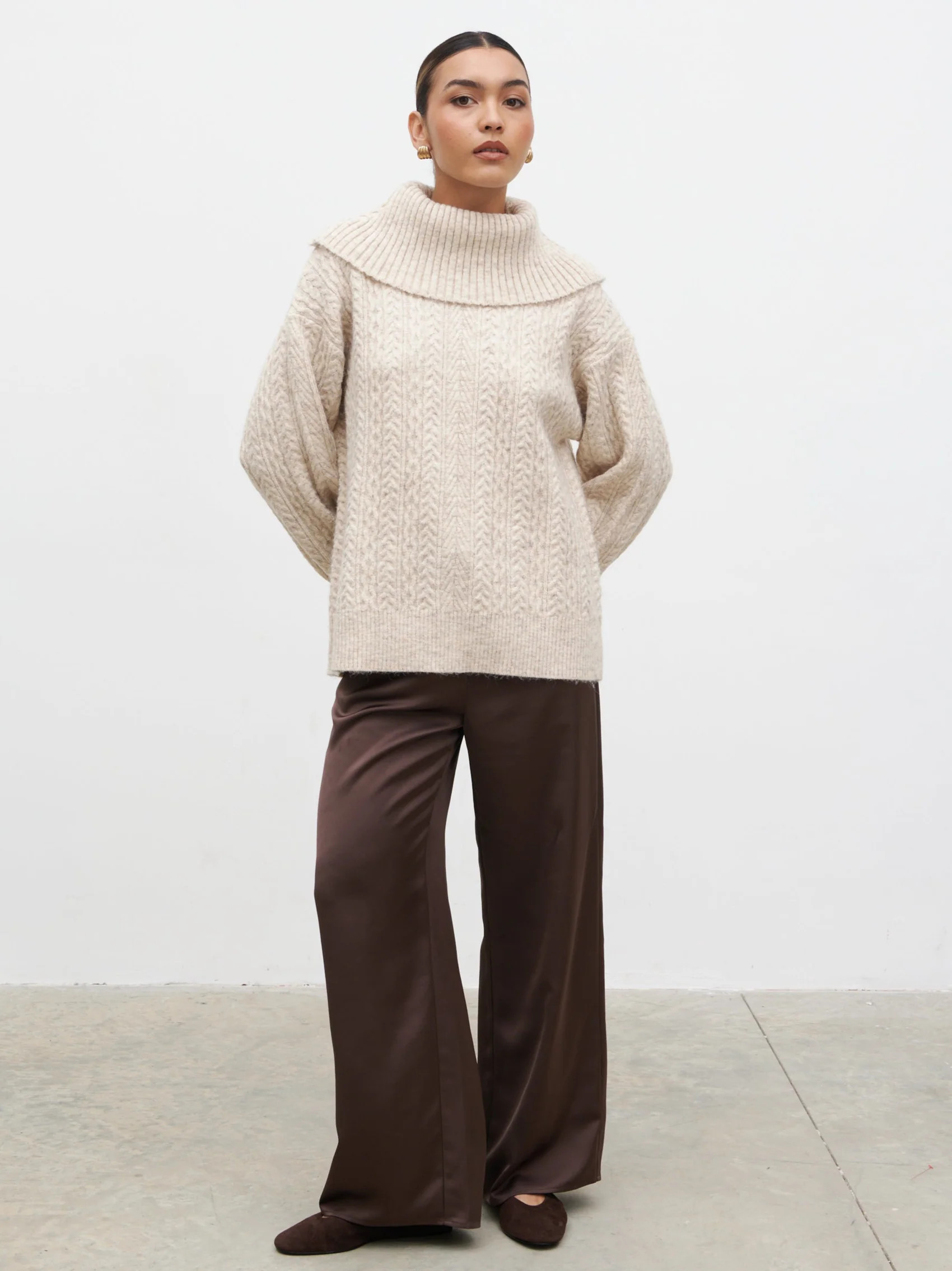 Blossom Cable Knit Exaggerated Roll Neck Jumper - Light Beige | Pretty Lavish (UK)