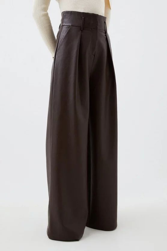 Faux Leather High Waisted Wide Leg Trousers | Karen Millen UK + IE + DE + NL