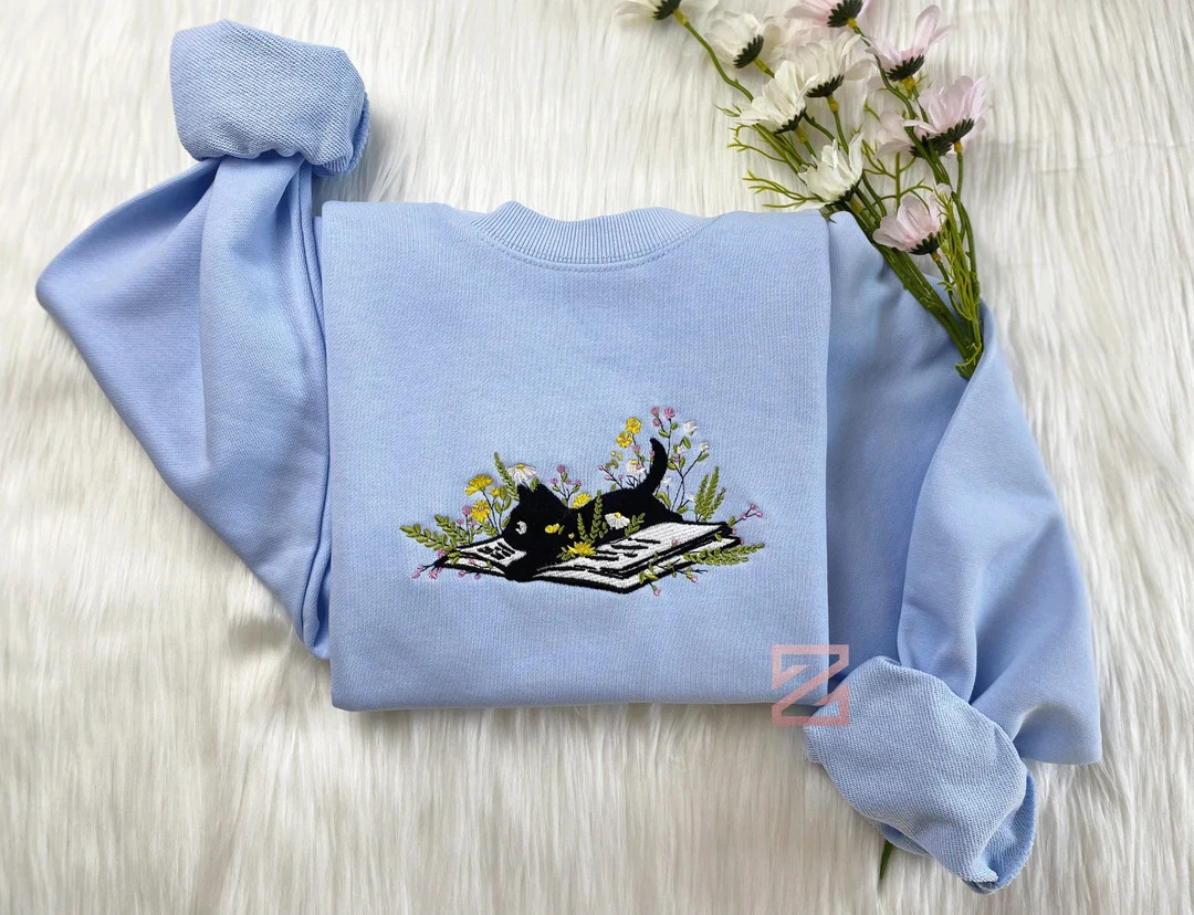 Embroidered Cute Cat Lying on Book With Flower Sweatshirt Flower With Cat Embroidered Hoodie Book... | Etsy (US)