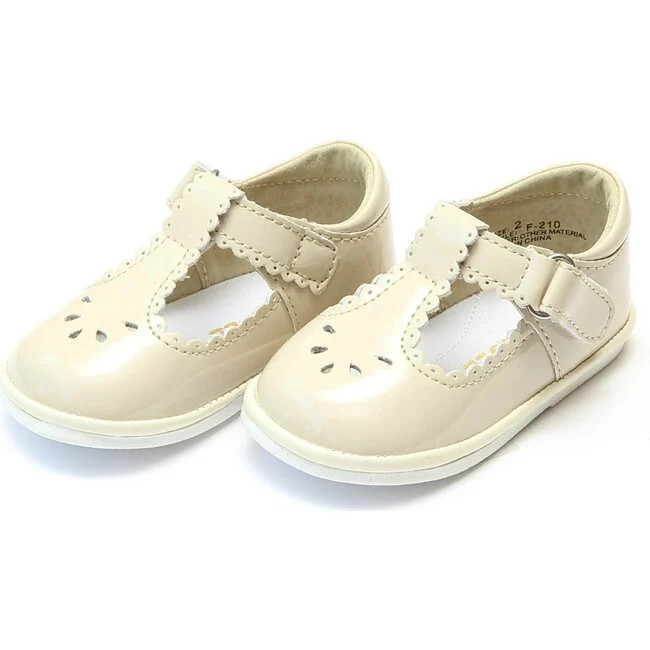 Angel Shoes | Baby Dottie Scalloped T-Strap Patent Mary Jane (Cream, Size 2) | Maisonette | Maisonette