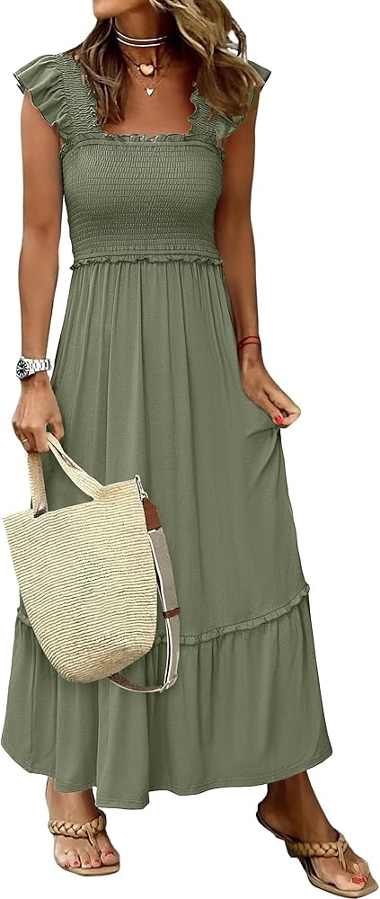 ANRABESS Womens Summer Sleeveless Maxi Dress Square Neck Smocked Boho Casual Ruffle Strap Flowy A... | Amazon (US)