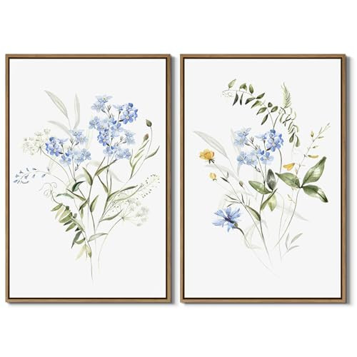Watercolor Floral Wall Art Blue Yellow Flower Canvas Art Pints Nature Botanical Plants Painting Minimalist Wall Decor Stretched and Framed for Bedroom Bathroom Home Office Decoration - 16"x24"x2Pcs | Amazon (US)