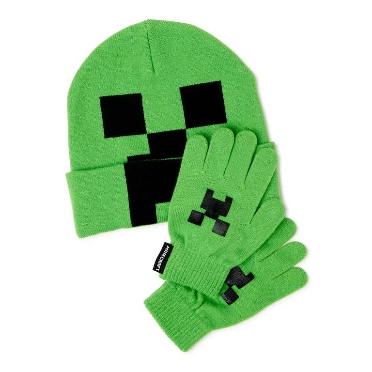 Minecraft Boys’ Solid Creeper Cuff Beanie and Knit Gloves, 2-Piece Set - Walmart.com | Walmart (US)
