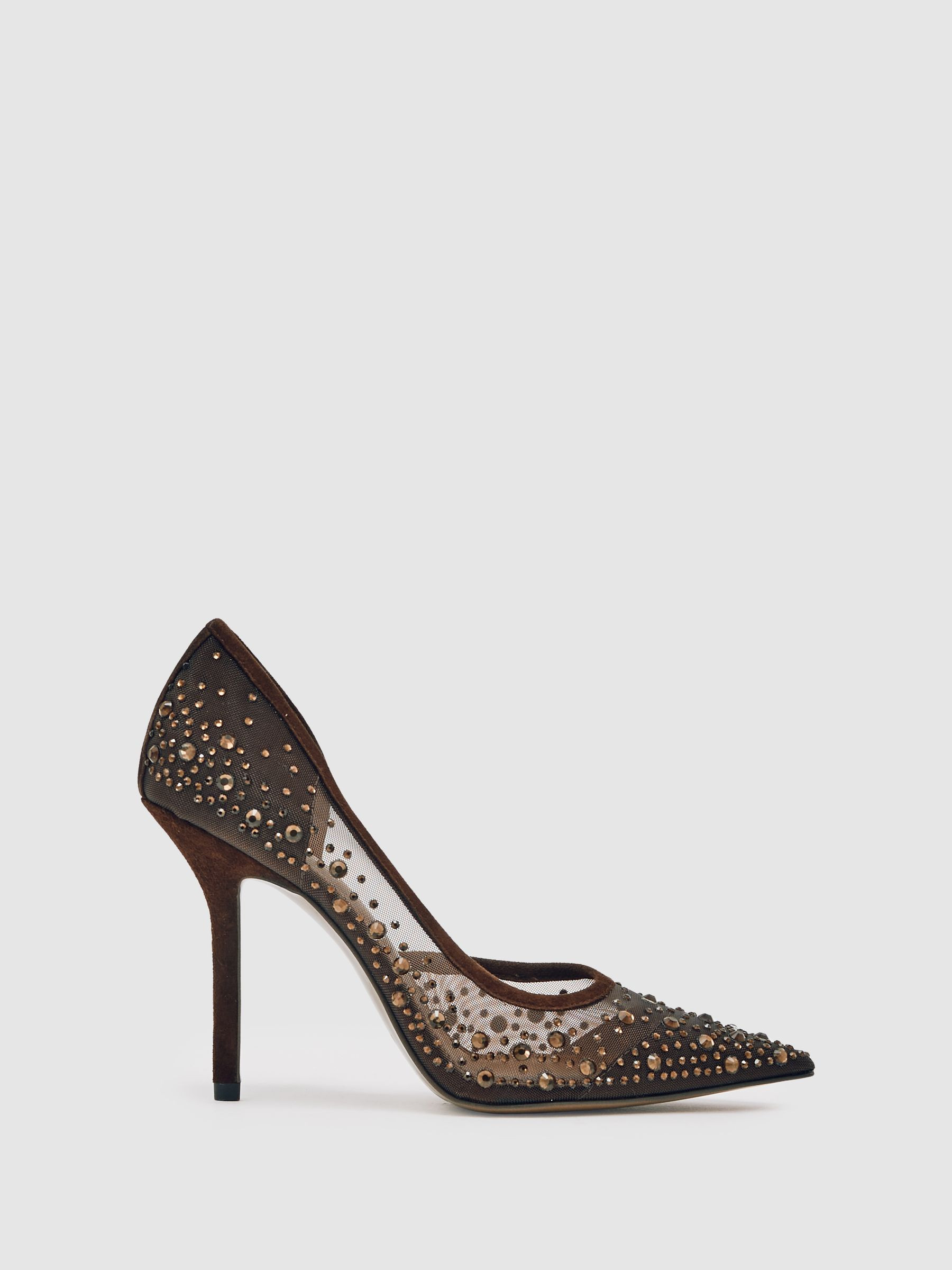 Crystal Embellished Mesh Court Shoes in Chocolate | Reiss UK