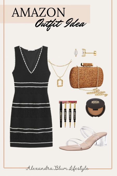 Casual black mini crochet dress from Abercrombie! Brown clutch, clear low sandal heels, gold jewelry, and makeup finds from Amazon! Cute date night outfit idea! Spring wedding guest dress! Travel beach vacation outfit idea! Travel outfit! Swim cover up dress! 

#LTKtravel #LTKswim #LTKitbag