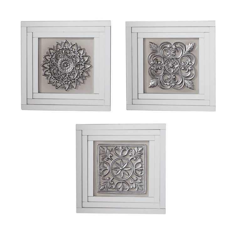 Glass Floral Wall Decor with Embossed Details Set of 3 White - Olivia & May | Target