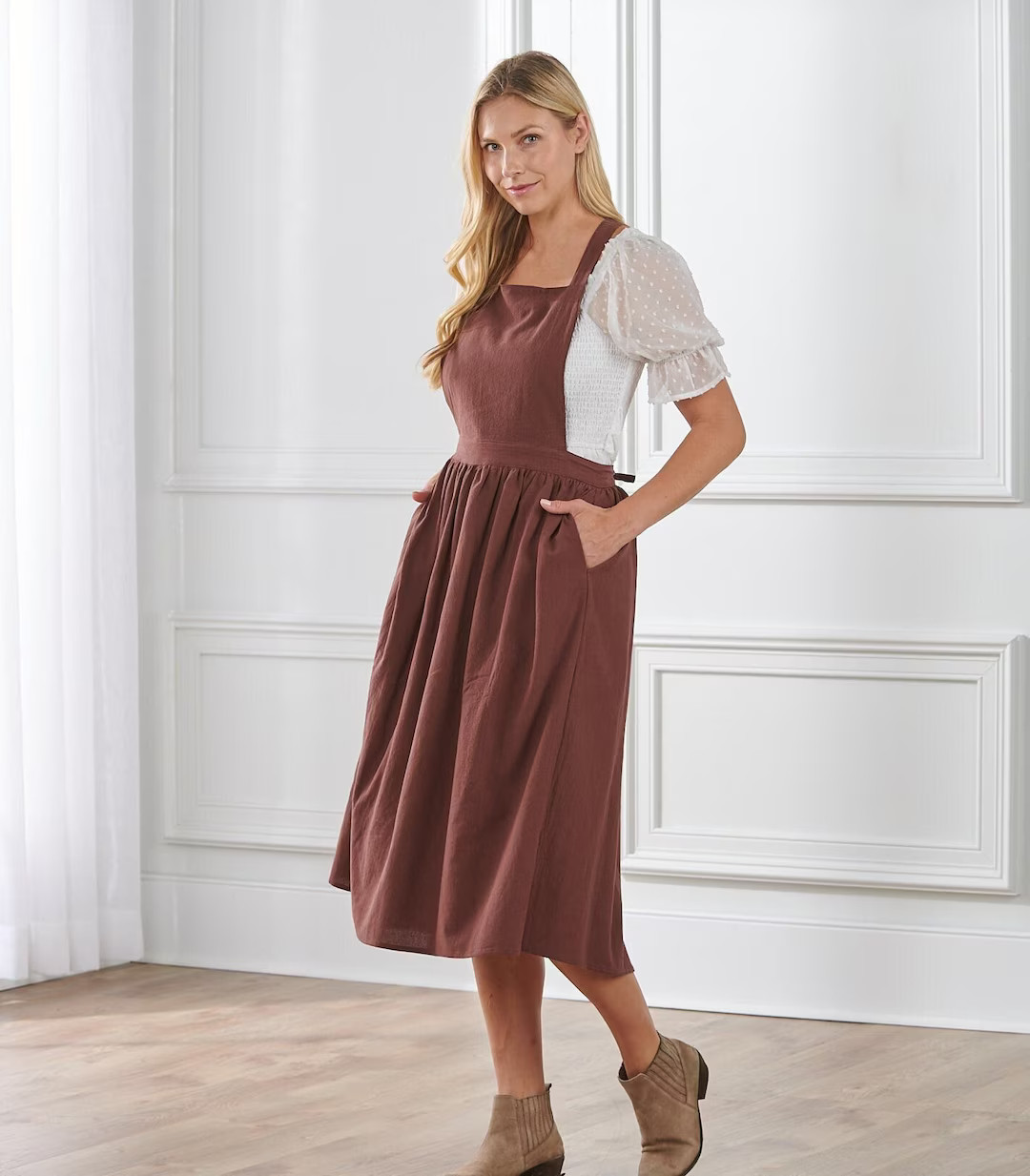 Women Apron Dress-brown Linen Cotton Apron With Two Pockets and Adjustable Shoulder Straps-christ... | Etsy (US)