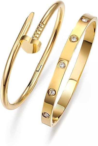18K Gold Plated Love Nail Bangle Bracelet Set Stackable Dupes Stainless Steel Bangle Set for Love... | Amazon (US)