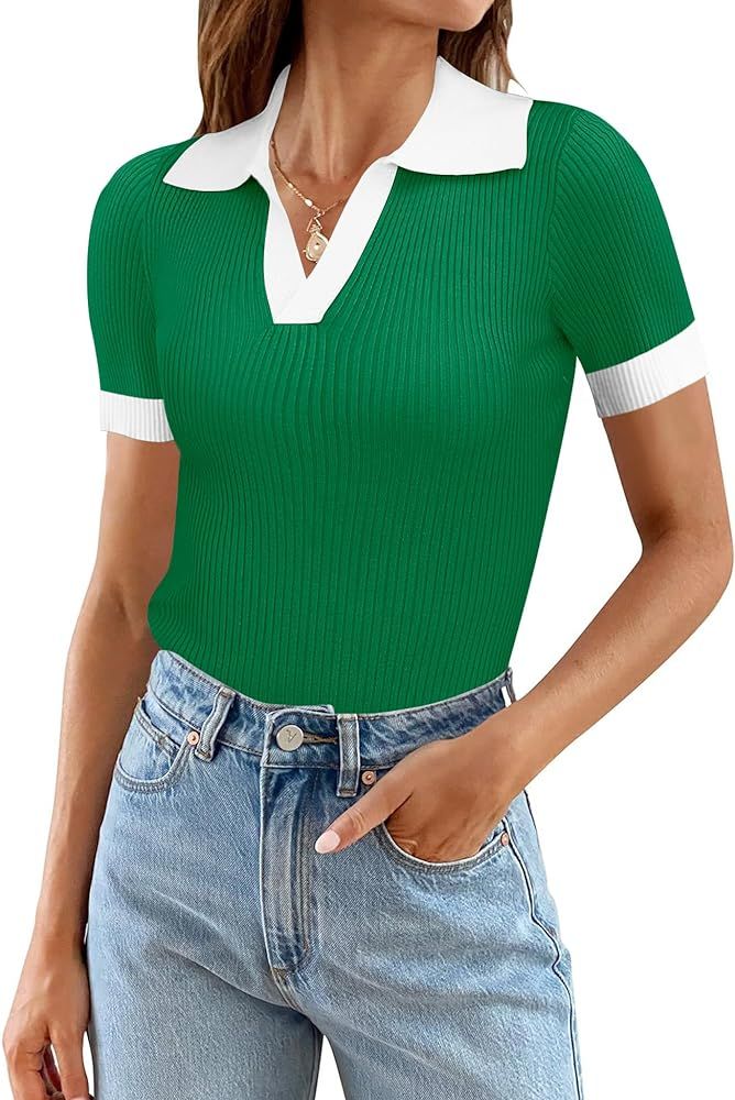 Ivicoer Womens 2024 Summer V Neck Short Sleeve T Shirts Slim Fitted Ribbed Knit Casual Tee Tops | Amazon (US)