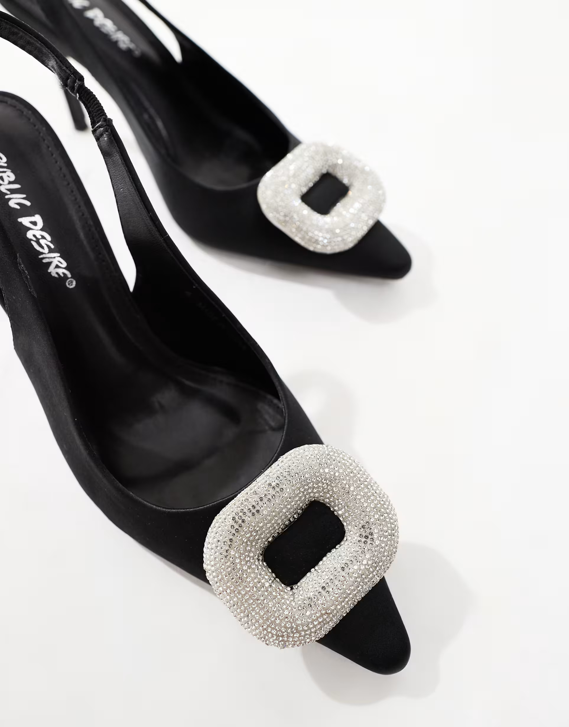 Public Desire Floss Wide Fit embellished trim heeled slingback shoes in black satin | ASOS (Global)